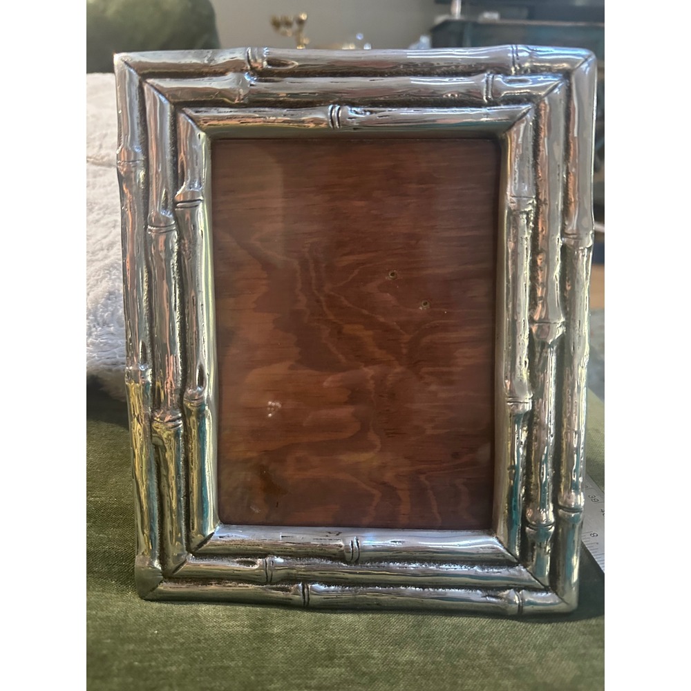 Mexican Modernist Faux Bamboo Photo Frame Silver & Wood Back Hollywood Regency